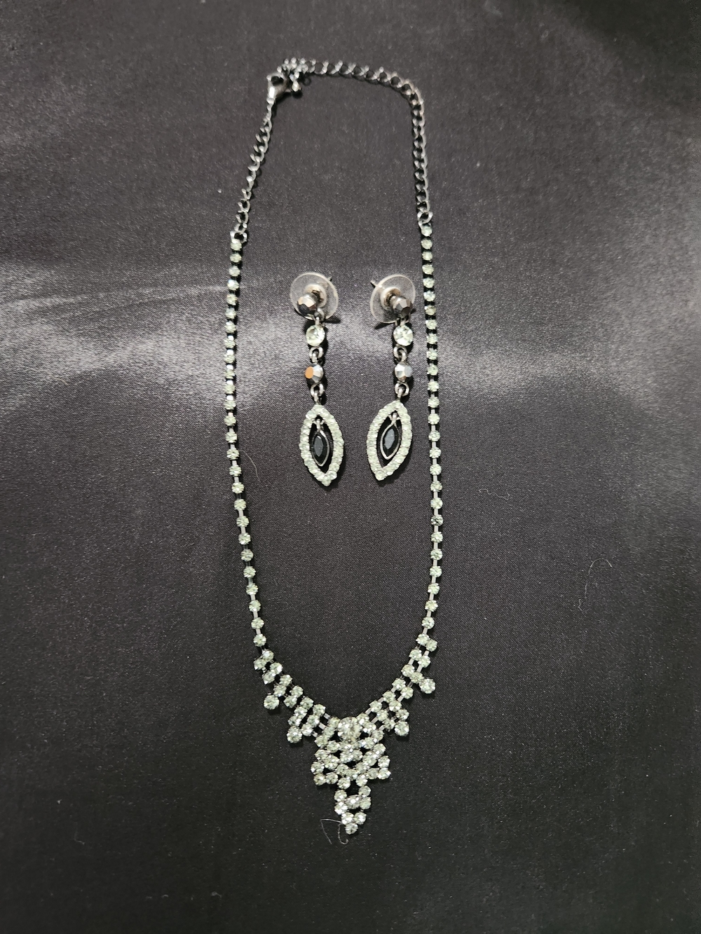 Delicate Gunmetal Smokey Grey Crystal Necklace & Drop Earrings Set